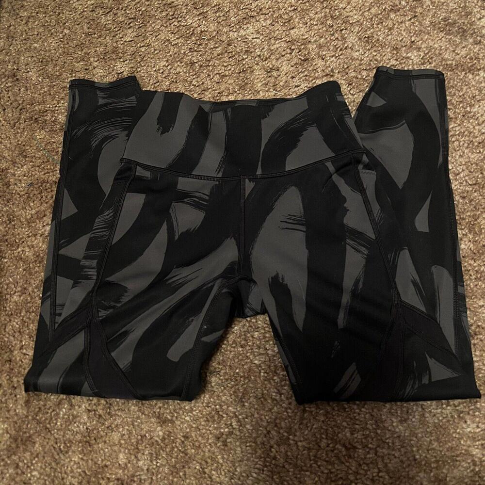 Athleta Black Gray Tenacity Brush Stroked 7/8 Tight Leggings w/Pocket Xtra Small